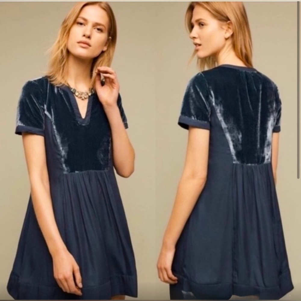 Anthropologie Navy Velvet Mini Dress